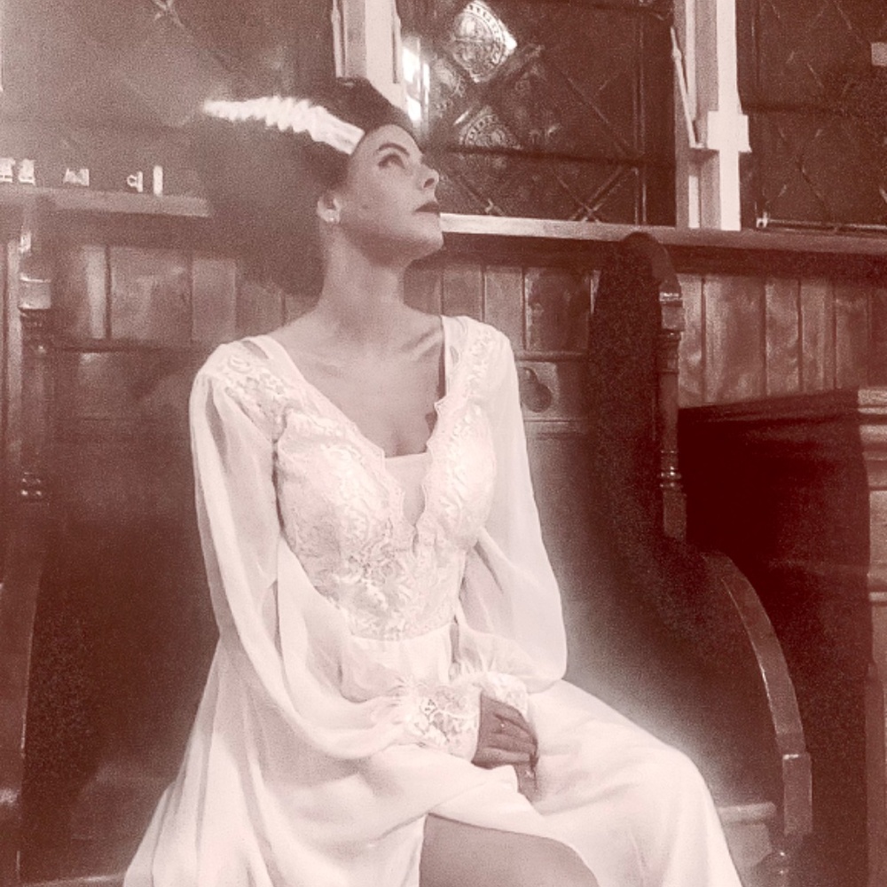 Bride of Frankenstein Halloween true vintage wedding dress and costume wig